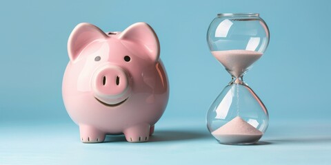 Piggy bank and hourglass on blue background, investment and finance concept
