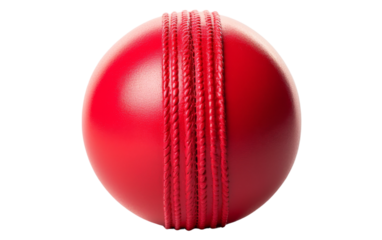 A vibrant red cricket ball resting on a clean white background