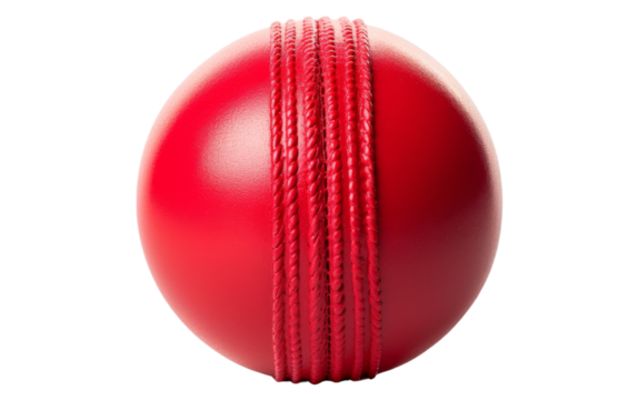 A vibrant red cricket ball resting on a clean white background