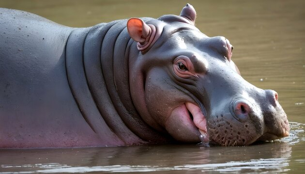 A Hippopotamus With Its Mouth Closed Looking Plac