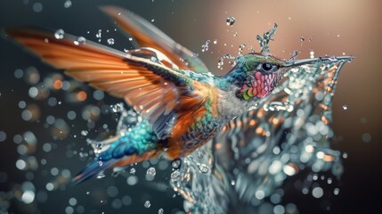 A colorful hummingbird is seen taking a bath in a pool of water, surrounded by splashes of water - Powered by Adobe