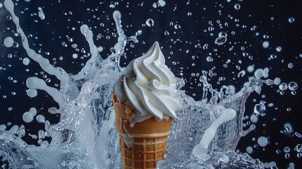 Ice cream cone with white icing set against a black background, creating a visually striking contrast