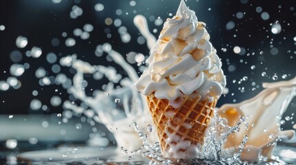 An ice cream cone is energetically splashing into the water, creating a dynamic and refreshing scene with droplets in the air