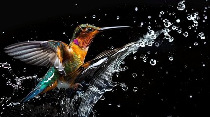 A colorful hummingbird energetically bathes in water, surrounded by a lively burst of droplets