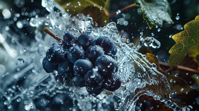 Lively water surrounds dark grapes and vine leaves submerged underwater