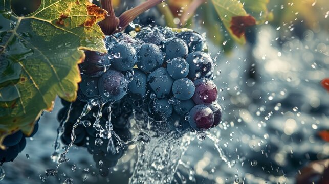 Dark grapes surrounded by splashing water, with vine leaves adding to the scene
