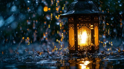 A lantern emitting light amidst rain, with water droplets catching the glow, creating a captivating...