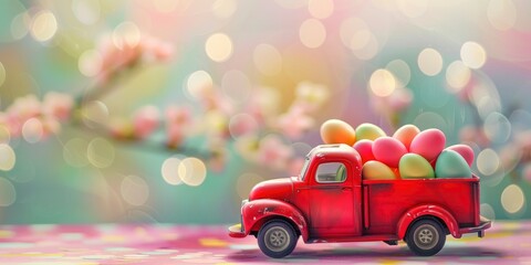 Easter truck full of colorful eggs on a bokeh background
