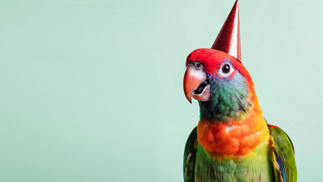 Bunter Papagei feiert mit einem glitzernden roten Partyhut, isoliert auf einem pastellgr&uuml;nen Hintergrund, Konzept f&uuml;r Einladung, Geburtstag, Party und Feier