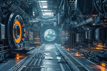 Futuristic 3D space station with high-tech elements, An awe-inspiring futuristic 3D space station adorned with state-of-the-art technology - obrazy, fototapety, plakaty