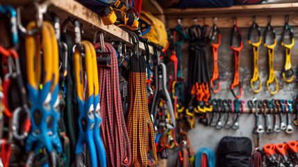 A rack of climbing gear with many different colored harnesses