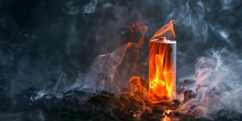 Photo showing lithiumion battery overheating emitting flames and smoke highlighting safety risks and the importance of fire prevention measures. Concept Fire Safety, Lithium-ion Batteries - obrazy, fototapety, plakaty