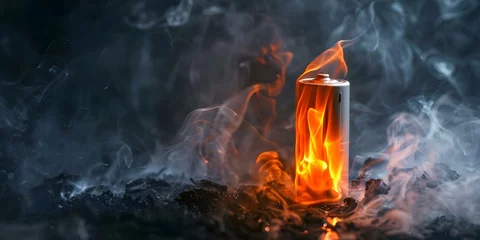 Tuinposter Photo showing lithiumion battery overheating emitting flames and smoke highlighting safety risks and the importance of fire prevention measures. Concept Fire Safety, Lithium-ion Batteries © Anastasiia