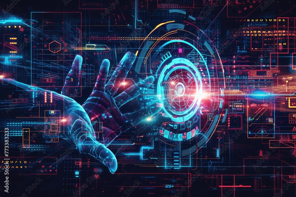 Poster Futuristic technology image with innovative gadgets and cutting-edge devices, A captivating image of futuristic technology showcasing innovative gadgets and cutting-edge devices