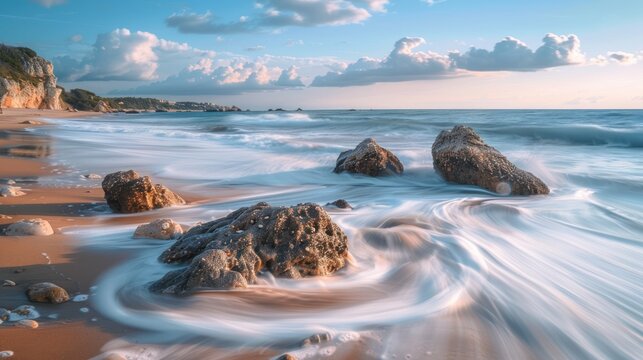 Panoramic coastline motion waves in around rocks on beautiful sandy beach. AI generated