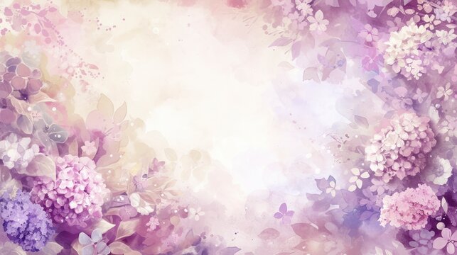 watercolor background of  pink, purple colour hortensia with lots of unused copy space