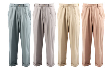 Four different colored pants are neatly lined up in a row - obrazy, fototapety, plakaty