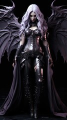 Naklejka premium girl devil in the hood with horns, long white hair, and large black wings, with bleeding purple eyes, armor dressed, and angry expressions on her face, character fantasy, the devil women