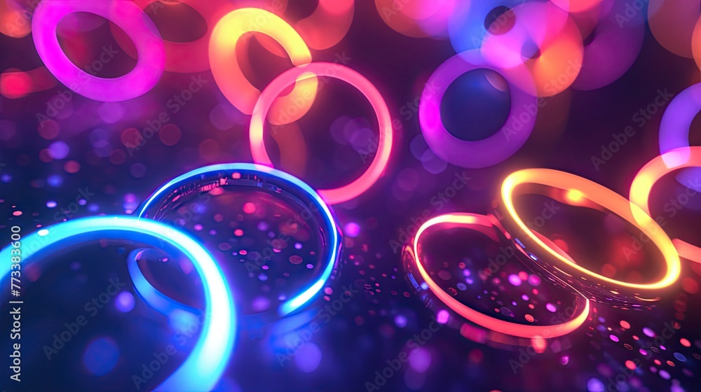 Fototapete Glowing neon circles forming an abstract pattern, An abstract pattern created by glowing neon circles, radiating vibrant colors and futuristic vibes