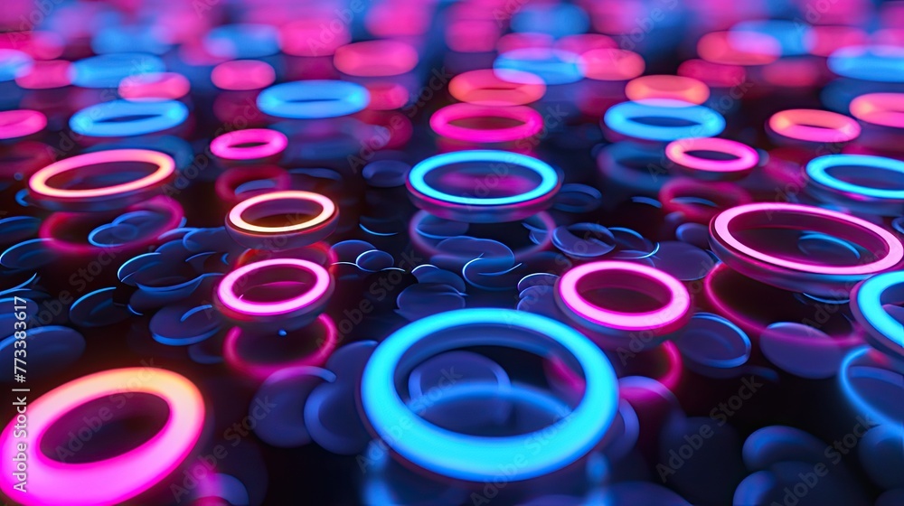 Poster glowing neon circles forming an abstract pattern, an abstract pattern created by glowing neon circle