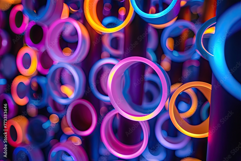 Poster glowing neon circles forming an abstract pattern, an abstract pattern created by glowing neon circle
