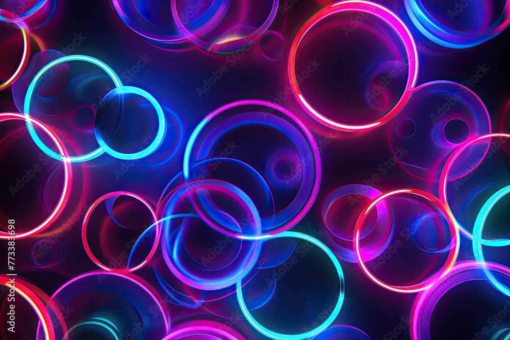 Poster glowing neon circles forming an abstract pattern, an abstract pattern created by glowing neon circle