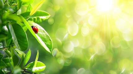 Wide format background image of fresh juicy green leaves and ladybug lit by rays of sun in nature...