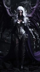 girl devil in the hood with horns, long white hair, and large black wings, with bleeding purple eyes, armor dressed, and angry expressions on her face, character fantasy, the devil	
 - obrazy, fototapety, plakaty