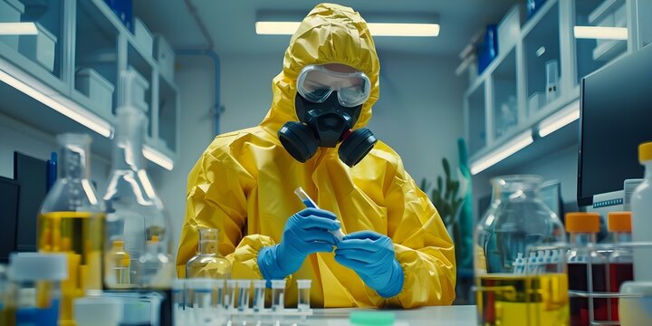 Working with hazardous biological materials in a laboratory while wearing a yellow hazmat suit. Concept Hazardous Materials, Laboratory Safety, Biohazard Protocol, Protective Gear, Hazmat Suit