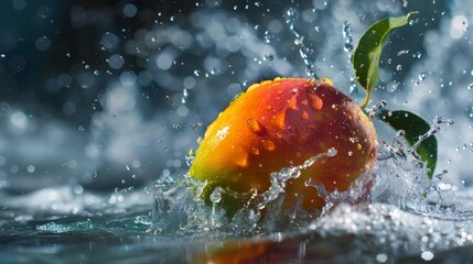 A lively burst of water surrounds a tempting orange fruit, accentuating its tropical freshness