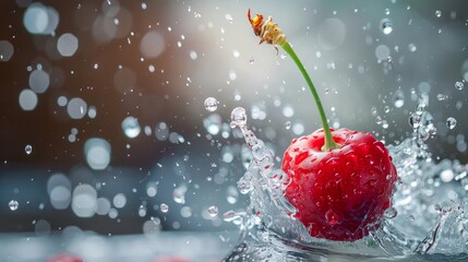 A vibrant red cherry with stems elegantly poised above, with water splashing around it in a lively burst