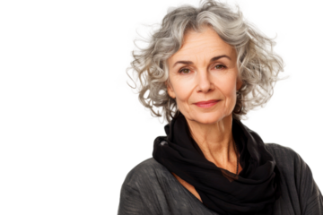 Studio portrait of a beautiful old mature Caucasian Americana woman in casual look with an attractive smile, isolated on transparent png background.