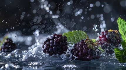 Ripe blackberries splashing in water, creating a dynamic and refreshing scene with mint leaves