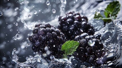 A bunch of blackberries floating in water, accompanied by a green leaf, creating a refreshing and...
