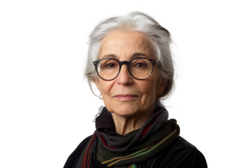 Studio portrait of a beautiful old mature Caucasian Americana woman in casual look with an attractive smile, isolated on transparent png background.