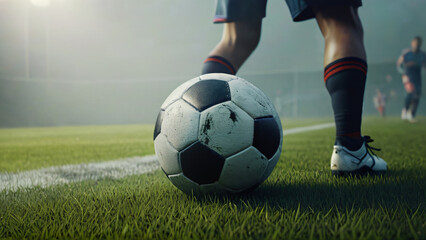 A close-up of a soccer ball on a lush green field of play with a player's foot about to kick it. - Powered by Adobe