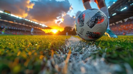 first-person view of the ball with a soccer player on a field in a stadium with an audience - obrazy, fototapety, plakaty
