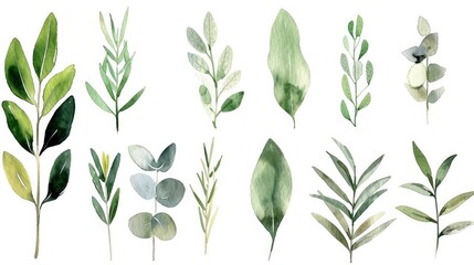 Collection of watercolor floral illustrations with green leaf branches - obrazy, fototapety, plakaty