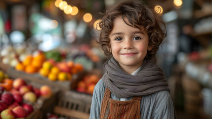 Lifestyle portrait photography of a joyful boy in his 30s wearing a cozy sweater against a vibrant farmer's market background. With generative AI technology