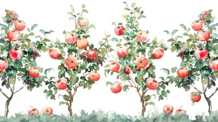 watercolor picture of an orchard on a white background