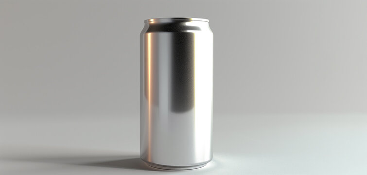 Silver Aluminum Can against a light grey background. The can stands upright, casting a soft shadow, and its sleek metallic surface reflects the light.