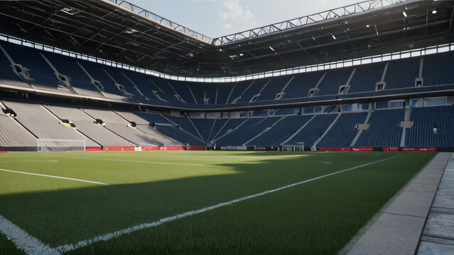 A large empty soccer stadium with green turf and blue and black seats under a closed roof.