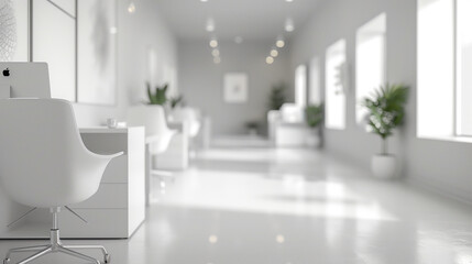 Sleek modern office space with minimalist white design and contemporary furnishings.