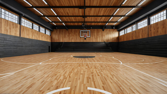 a photo of an empty basketball court with wood floors, bleachers, and a basketball hoop.