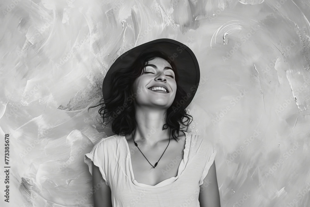 Wall mural joyful woman in a hat with a bright smile, black and white portrait