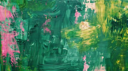 Abstract colorful art background with rough green and pink brushstrokes, oil or acrylic paint texture on canvas