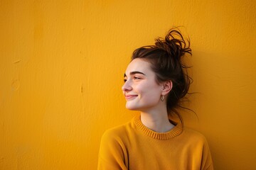 Smiling young woman in yellow sweater against vibrant orange wall, eyes closed in contentment.