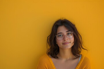 Portrait of a young woman with glasses smiling against a vibrant yellow background.