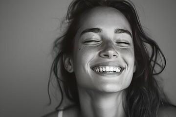 Black and white portrait of a joyful woman with a beaming smile, eyes closed in happiness.