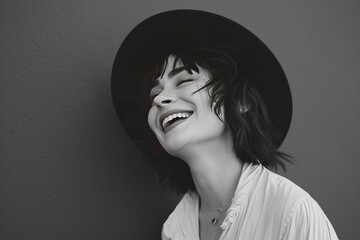 Black and white portrait of a joyful woman with a hat, laughing against a plain background.